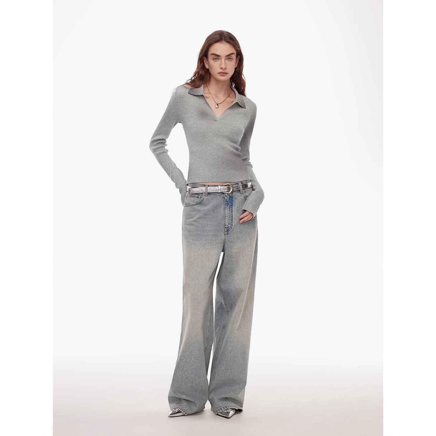 "Artistic Abstract" sfumato distressed printed merino wool waisted polo collar long sleeve short knit sweater - Modz Designs