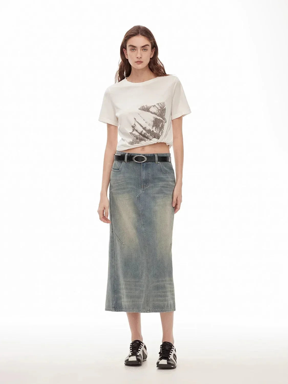 "Dawn Denim" retro old enzyme washed mid-low waist slim fishtail flared slim denim skirt - Modz Designs