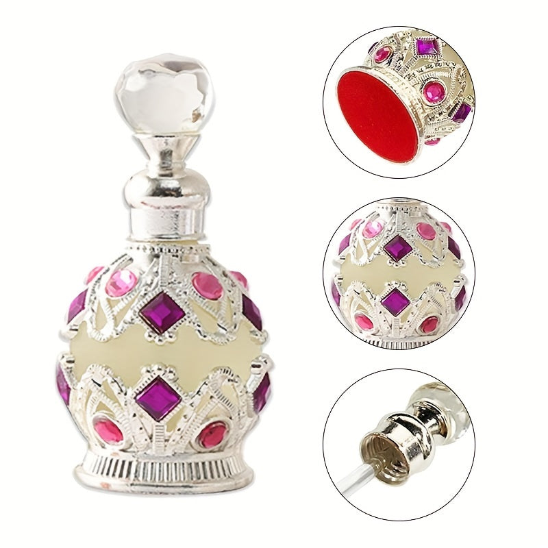 Luxury Dubai Floral Perfume Oil for Women in an elegant jeweled bottle with intricate design and stopper.