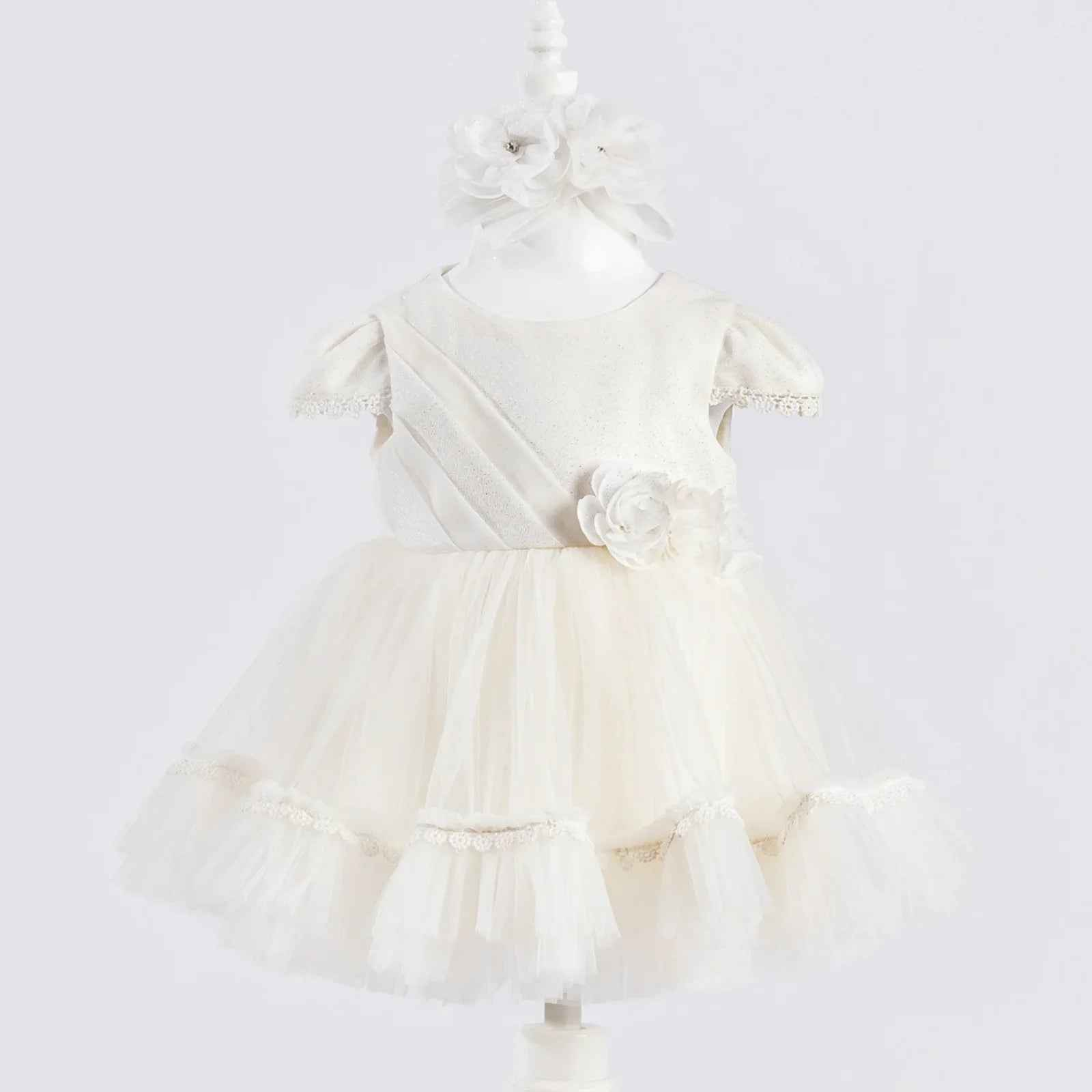 Bright Flower Girls Formal Dress with tulle skirt, lace trim, and floral embellishments.