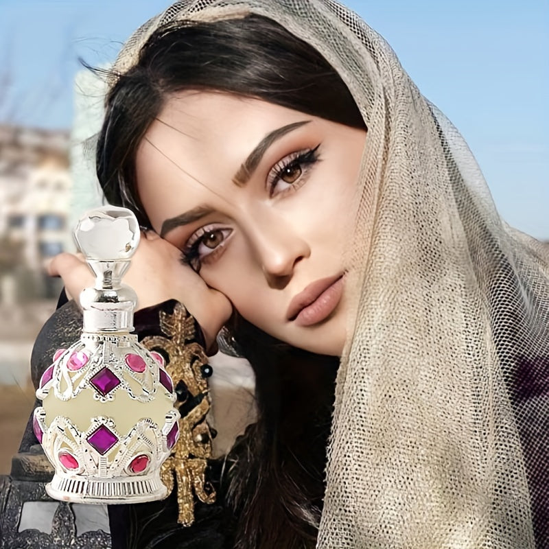Luxury Dubai floral perfume oil for women displayed beside a woman wearing a stylish headscarf, capturing elegance and beauty.