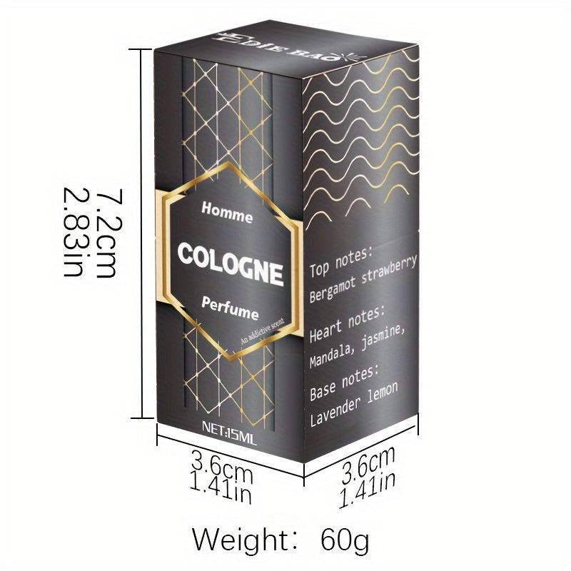 Homme Cologne Fresh Aromatic Perfume Oil packaging showing dimensions, top, heart, and base fragrance notes.