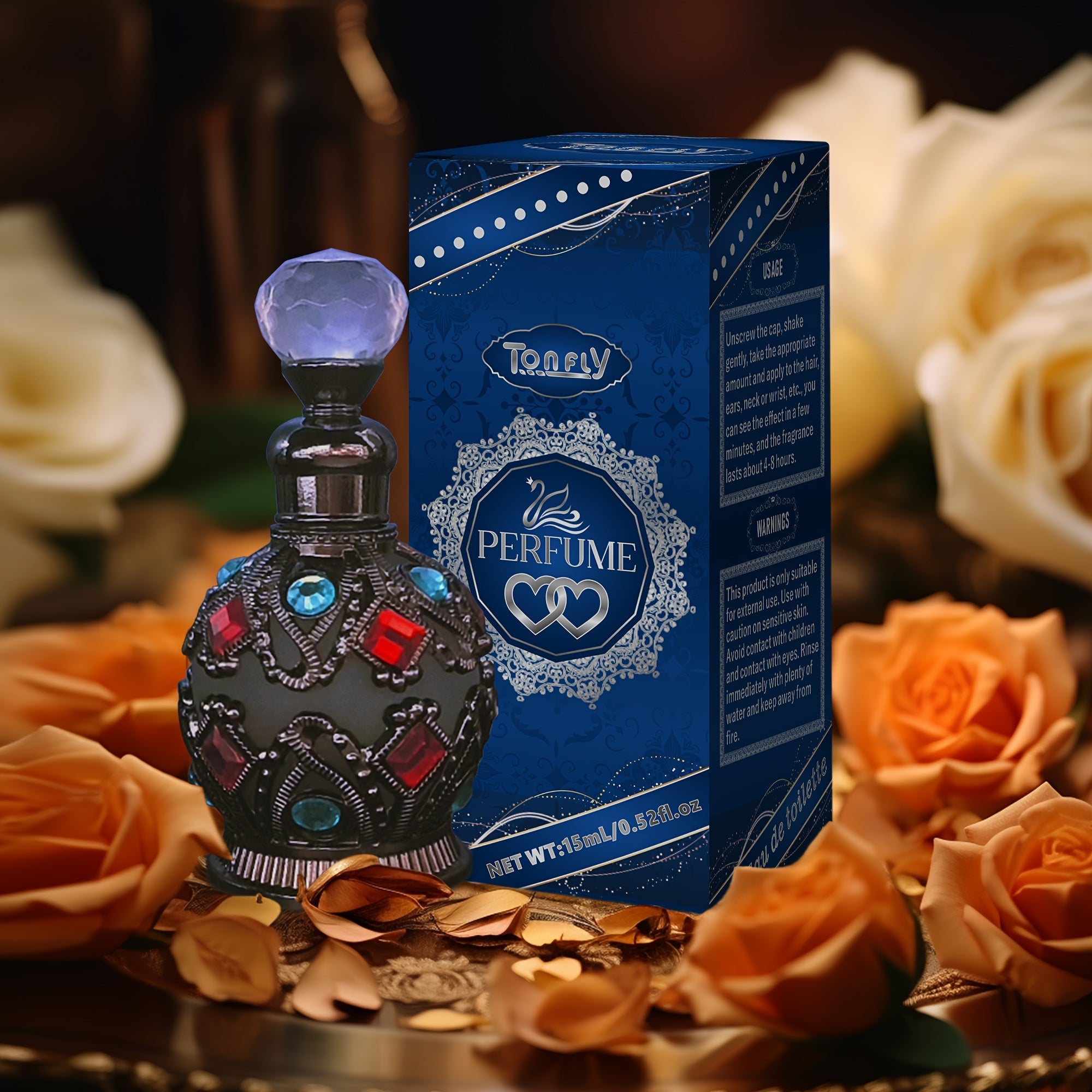 NNETM Enchanted Arabian Dreams Essential Oil Perfume bottle with ornate design and blue packaging surrounded by roses.