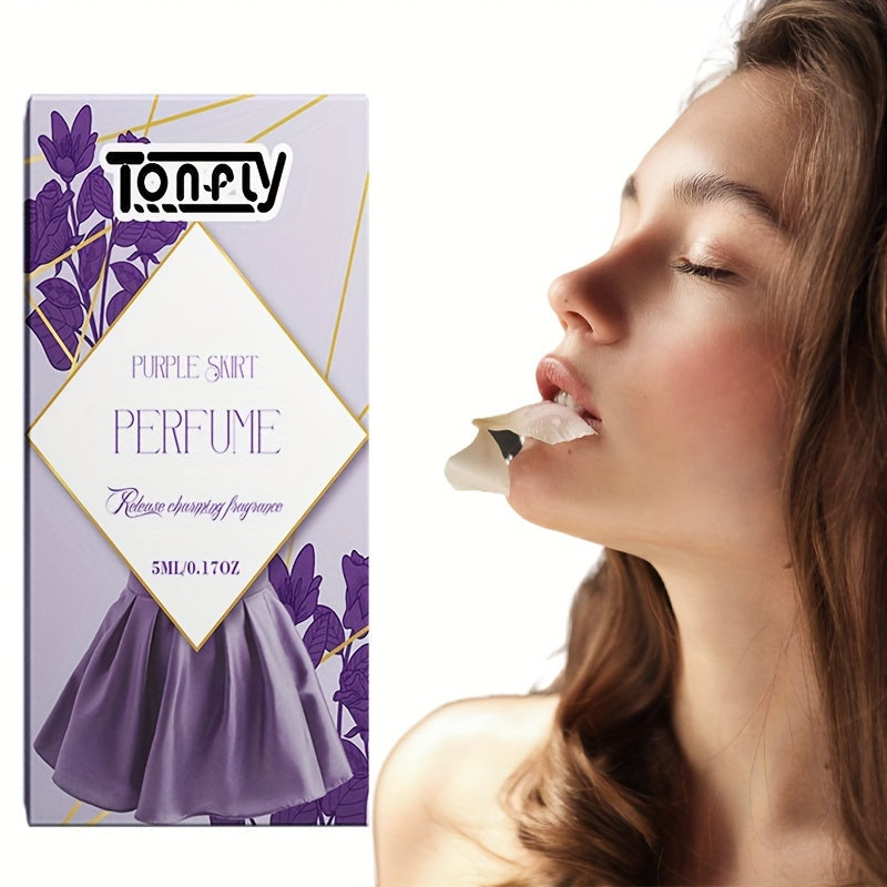 Purple Skirt Perfume Floral Fragrance packaging with a model showcasing its floral scent and gentle appeal.