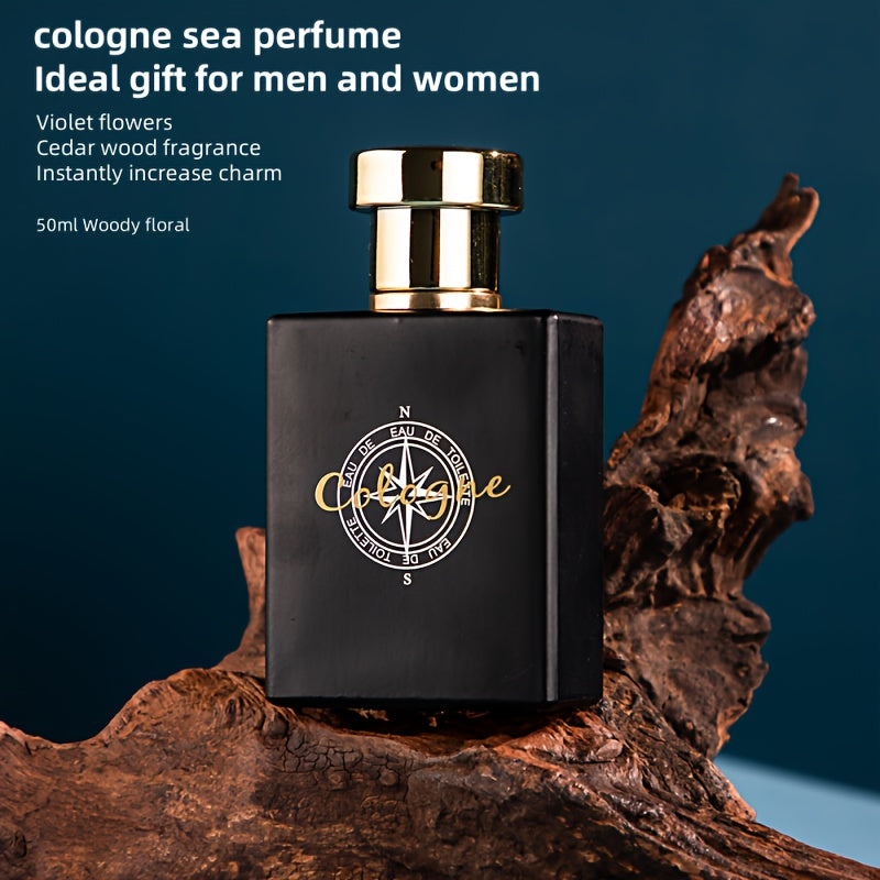 NNETM Cologne Ocean Perfume for Men & Women in elegant black bottle on wooden background, 50ml woody floral fragrance.