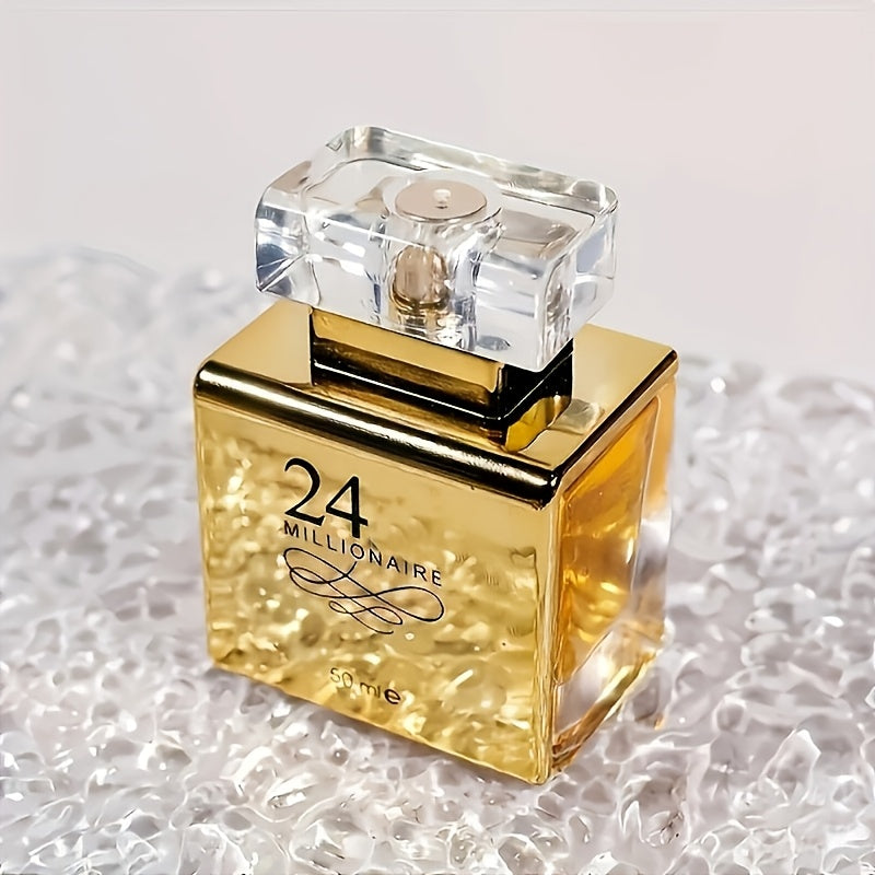 NNETM 24 Millionaire Vanilla Perfume for Women in elegant bottle with transparent cap on a reflective surface.
