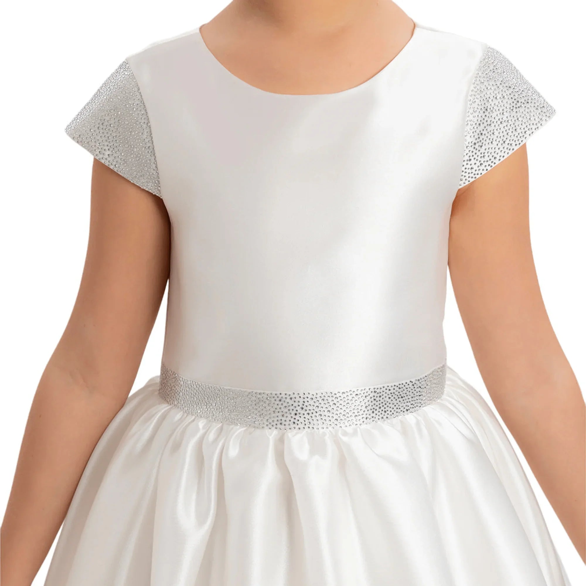 Girls Dress Pure Radiance Girls Formal Dress featuring a luxurious satin bodice with sparkling stone-print details.