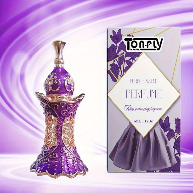 Purple Skirt Perfume Floral Fragrance in a stylish bottle next to its packaging, highlighting vegan and cruelty-free features.