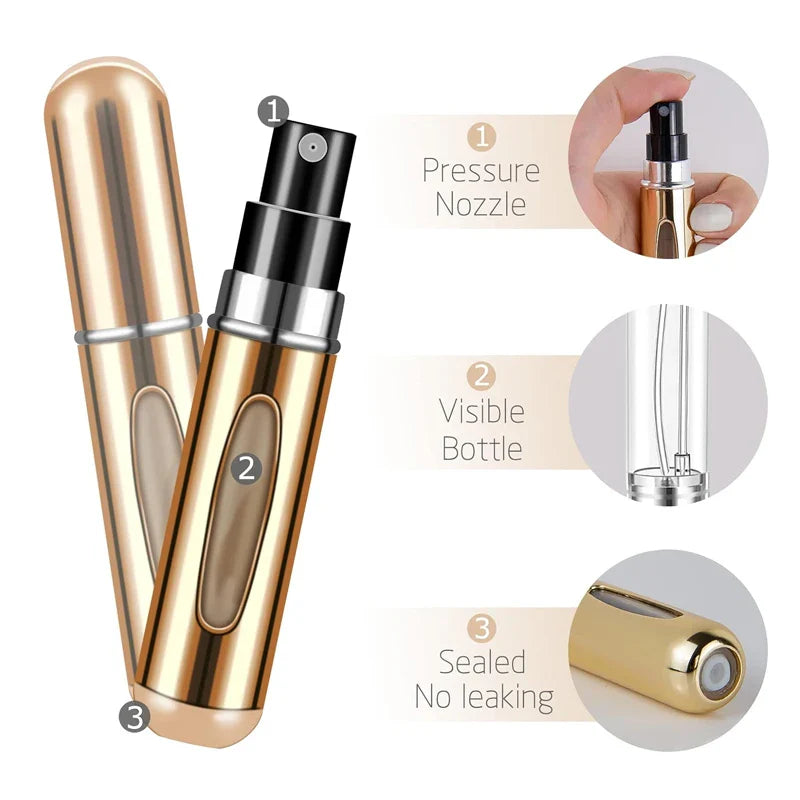 5ml Portable Perfume Atomizer Spray Bottle features pressure nozzle, visible bottle, and sealed design to prevent leaking.