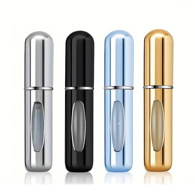 5ml Portable Perfume Atomizer Spray Bottle in silver, black, blue, and gold colors.