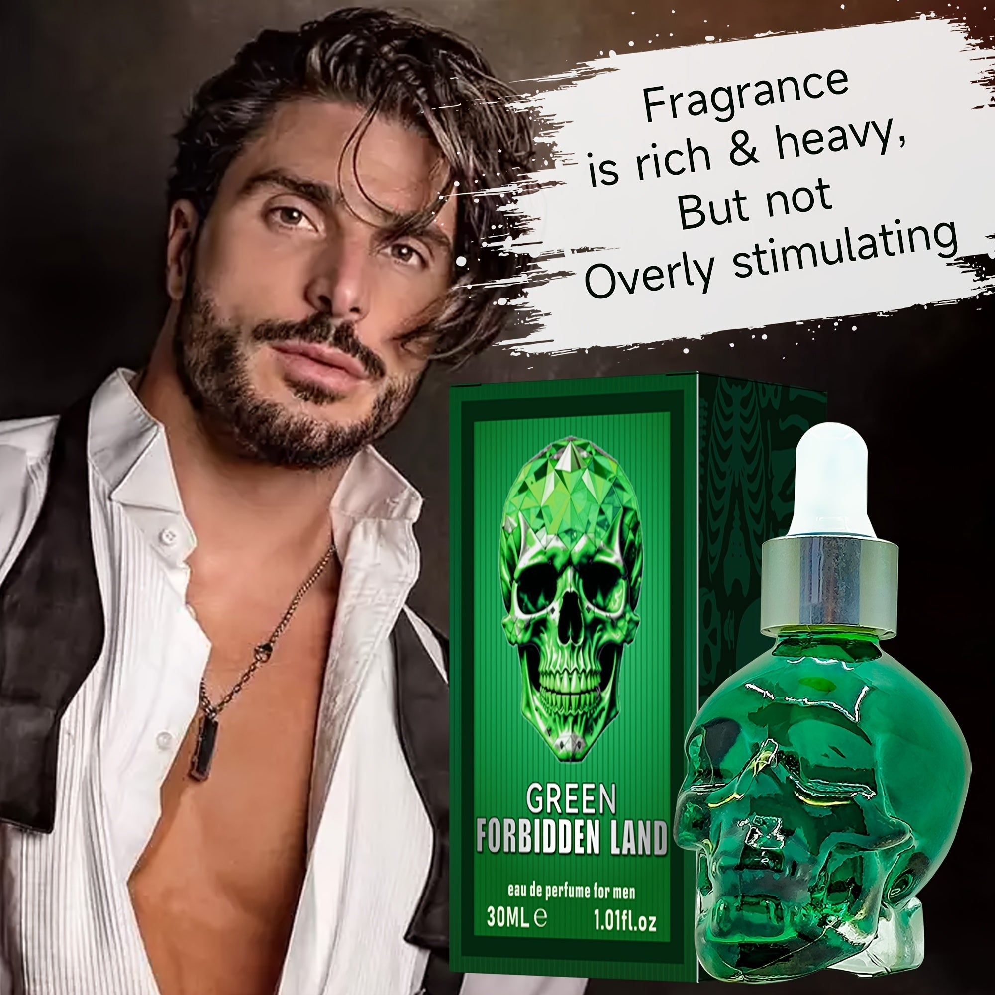 Forbidden Land Perfume Oil for Men in a green skull bottle, showcasing a woody fragrance with leather notes.