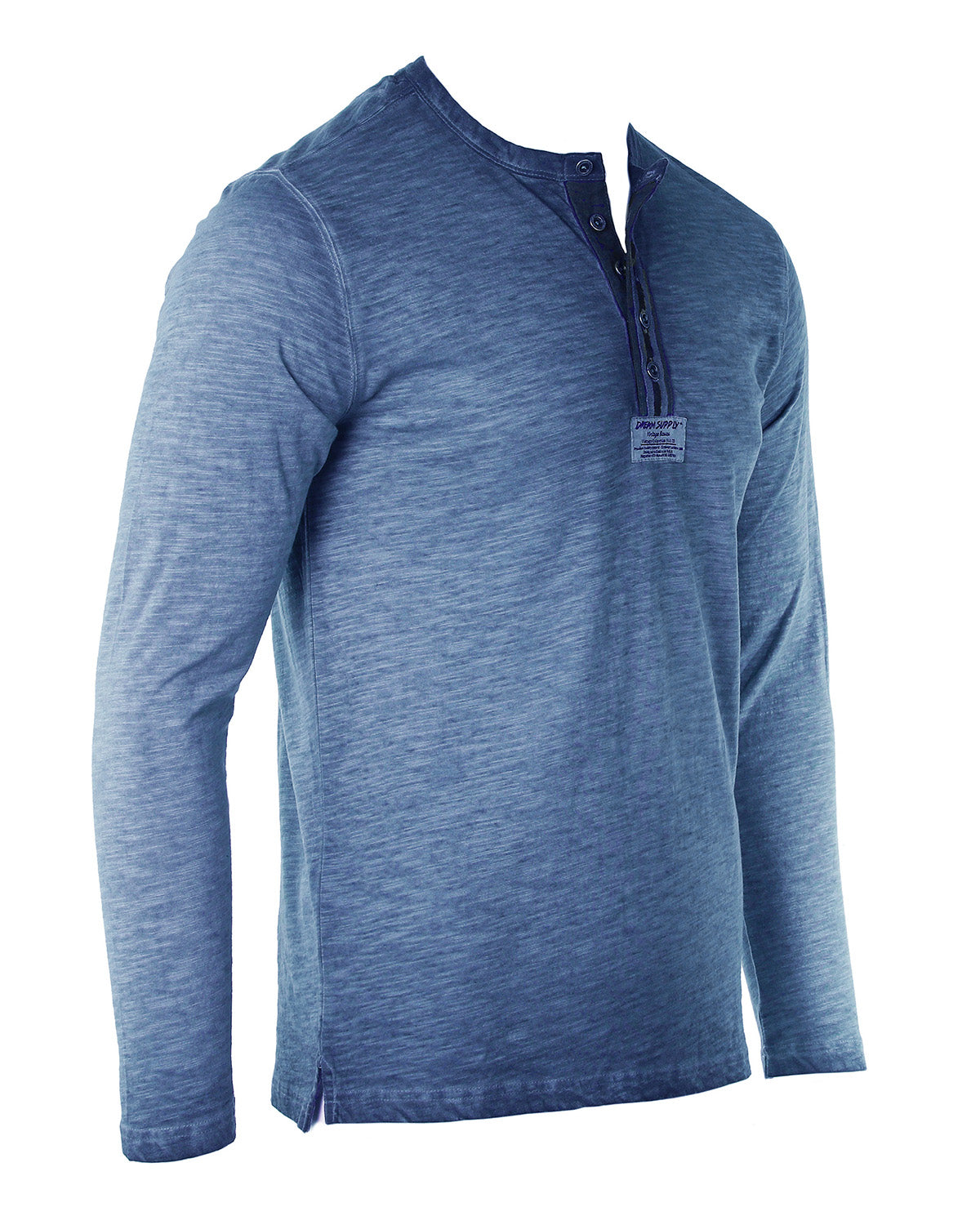 ZIMEGO Mens Long Sleeve Crew Neck Oil Wash Vintage Button Henley T-Shirt in dusty blue color with button closure.