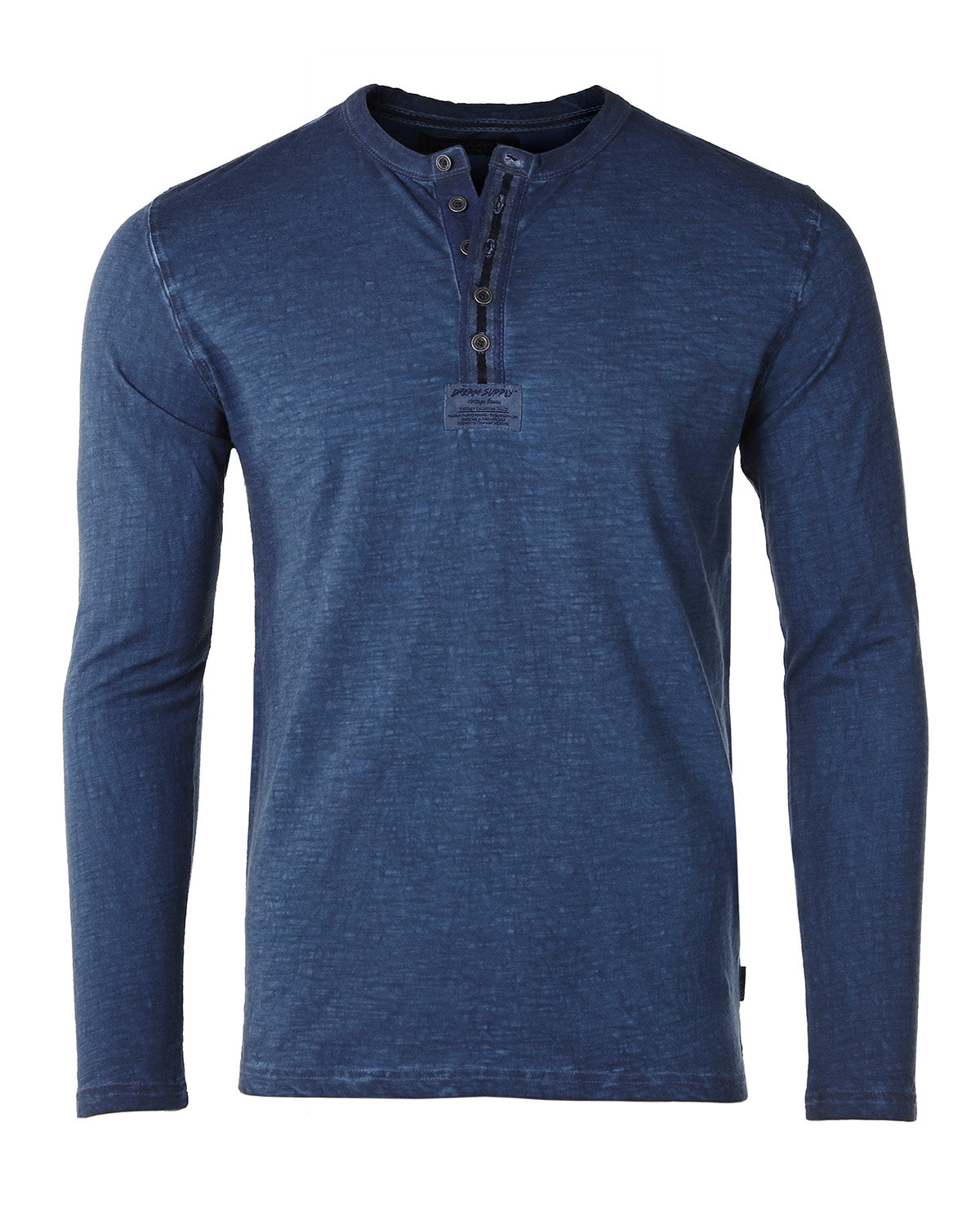 ZIMEGO Mens Long Sleeve Crew Neck Oil Wash Vintage Button Henley T-Shirt in navy blue color on a white background.
