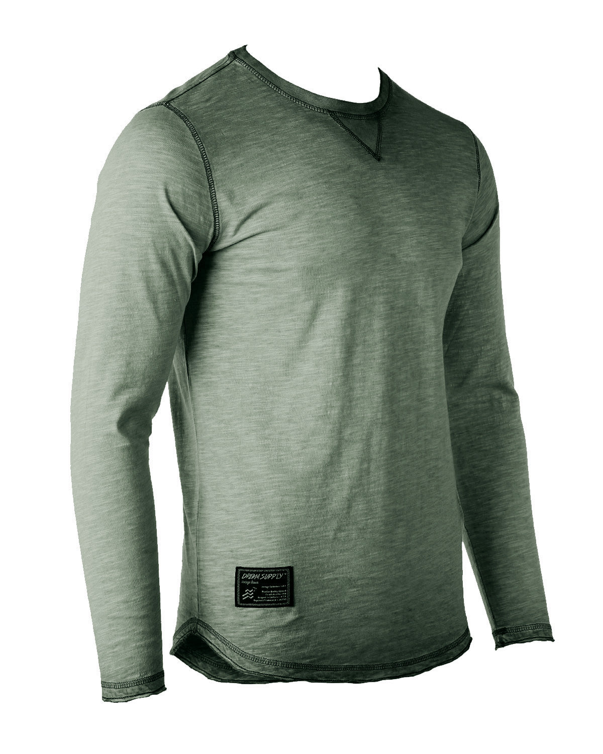 ZIMEGO Mens Long Sleeve Crewneck Oil Wash Vintage Raw Edge Hem Hipster Hip-Hop T shirt in Dusty Silver color.