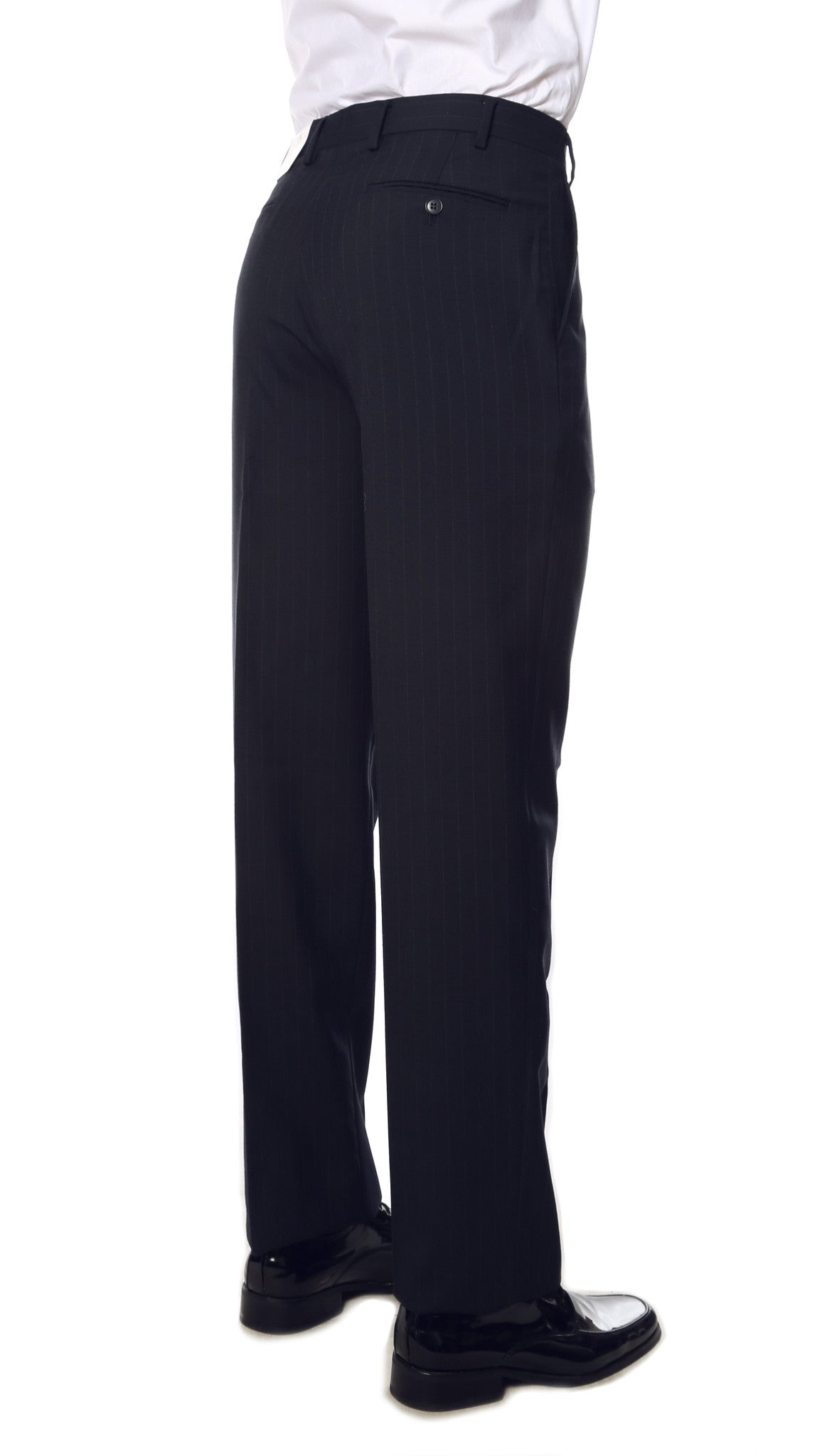 Navy Pinstripe Mens Regular Fit Uniform Dress Pants, back view showcasing premium quality and classic fit.