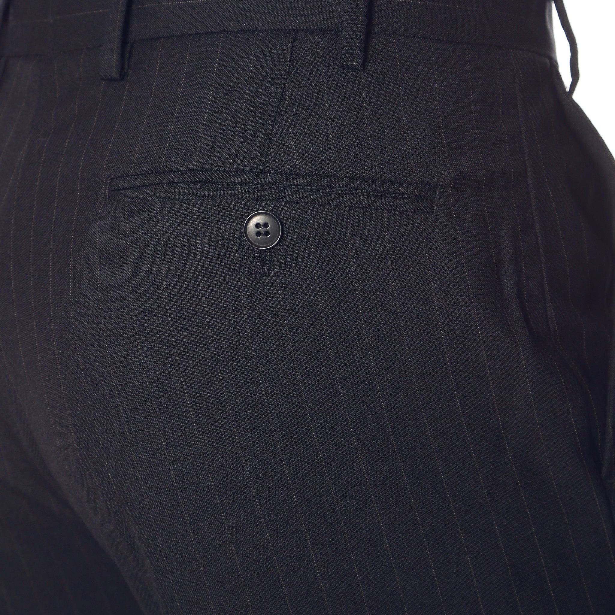 Detail of Navy Pinstripe Mens Regular Fit Uniform Dress Pants showing back pocket and button.