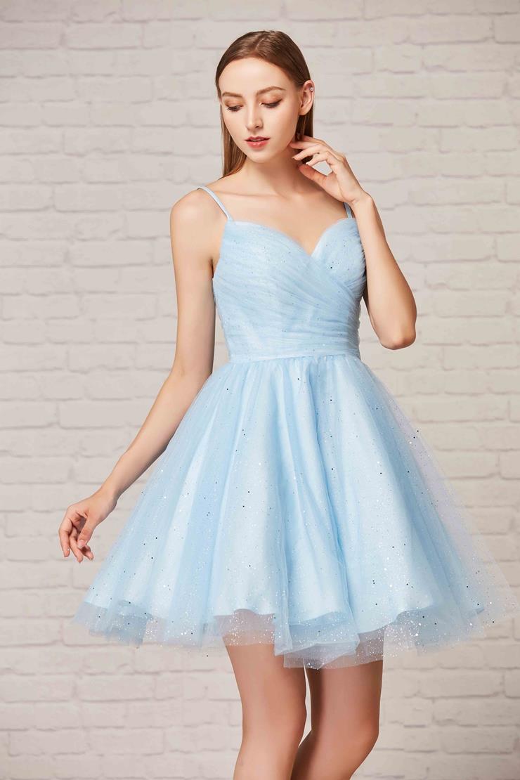 Elegant tea length A-line dress in sky blue with spaghetti straps and a flared skirt.