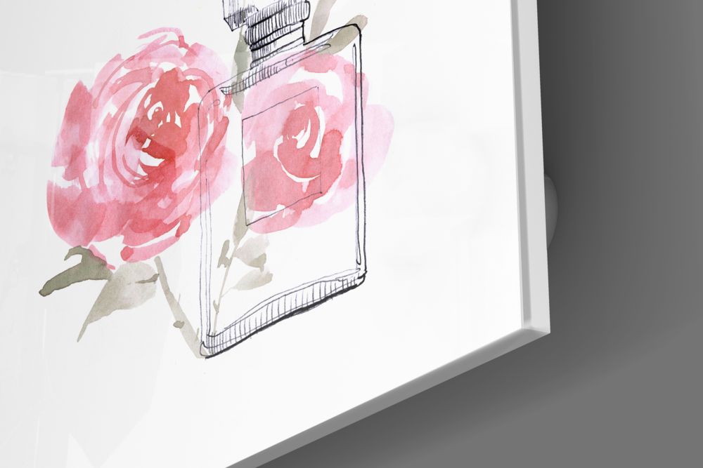 Perfume Glass Wall Art featuring a watercolor design of a perfume bottle with pink roses.