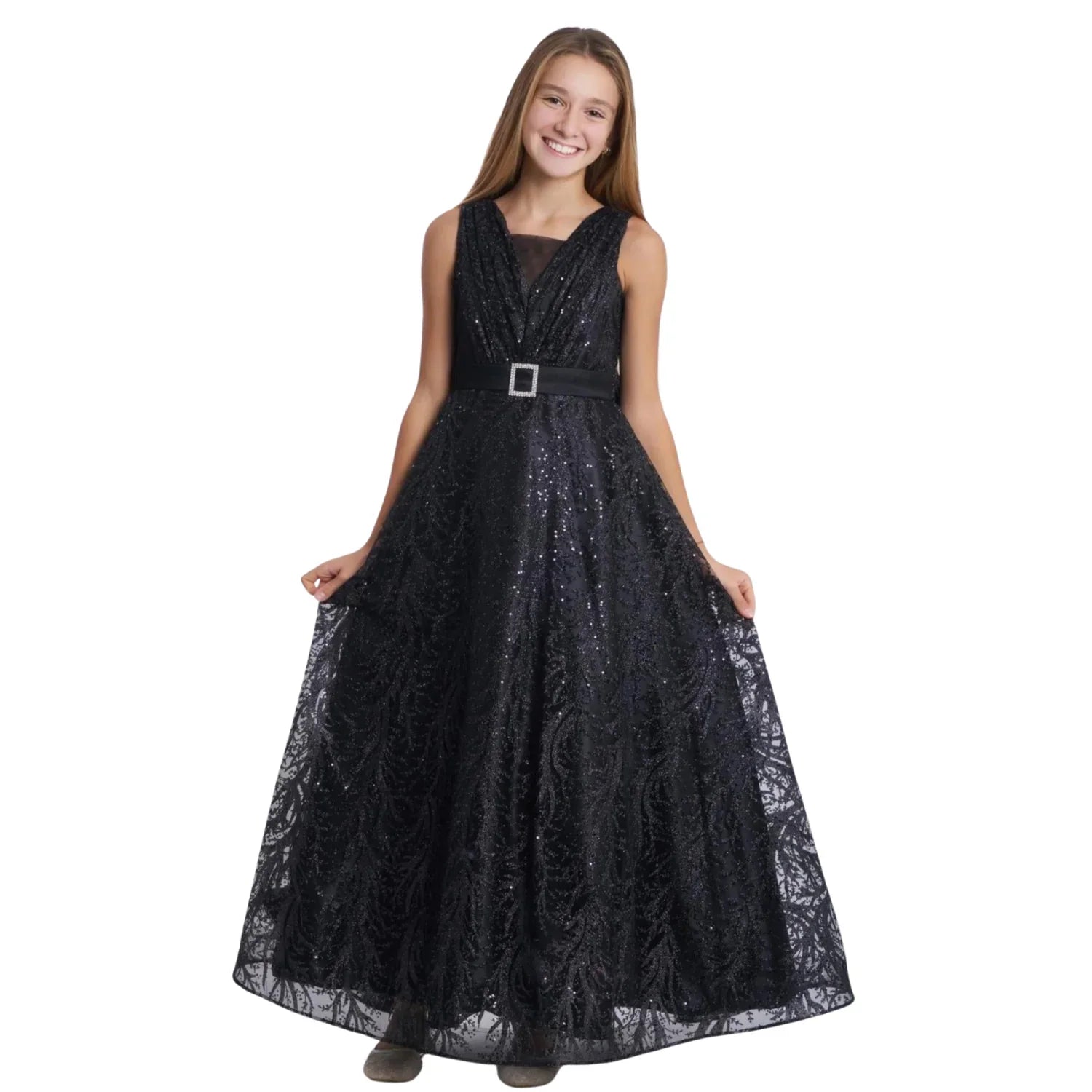 Sparkling Beauty Girls Formal Dress on a girl featuring a long black tulle design with embellishments and a mock belt.