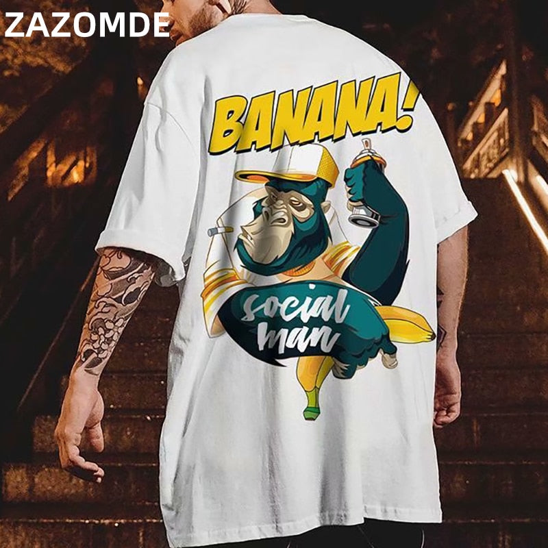 Hip Hop mens cotton T-shirt fashion loose men BF student banana print short-sleeved tees cool man wear Round neck tshirt with gorilla design.