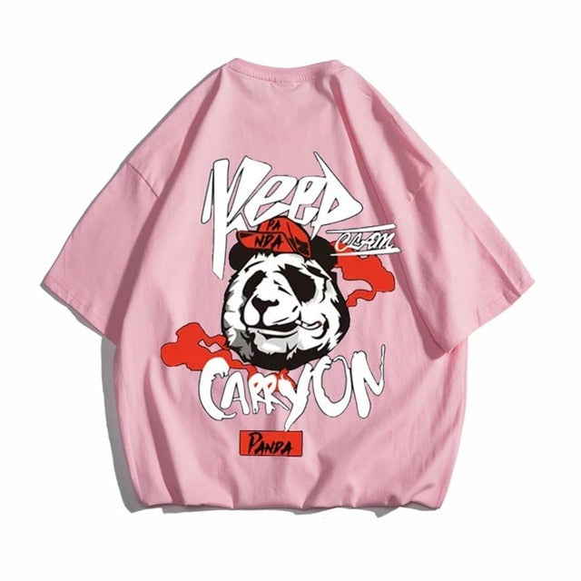Hip hop tees shirt Panda print cotton short sleeve loose cool men T shirt casual o-neck Summer mens Punk tshirt Fashion in pink
