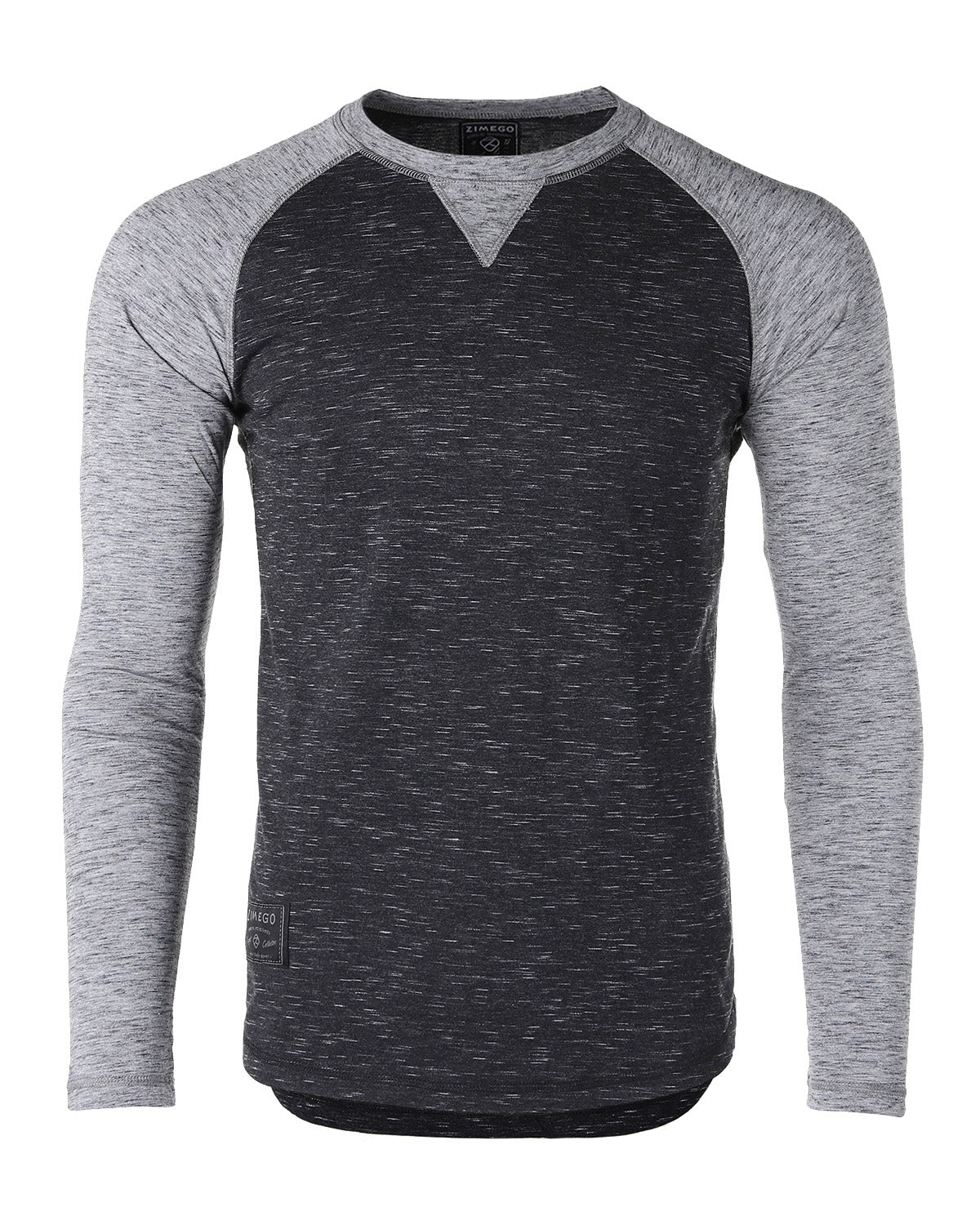 ZIMEGO Men Athletic Fit Baseball Retro Contrast Long Sleeve Raglan T-Shirt in a two-tone design with gray and black colors.