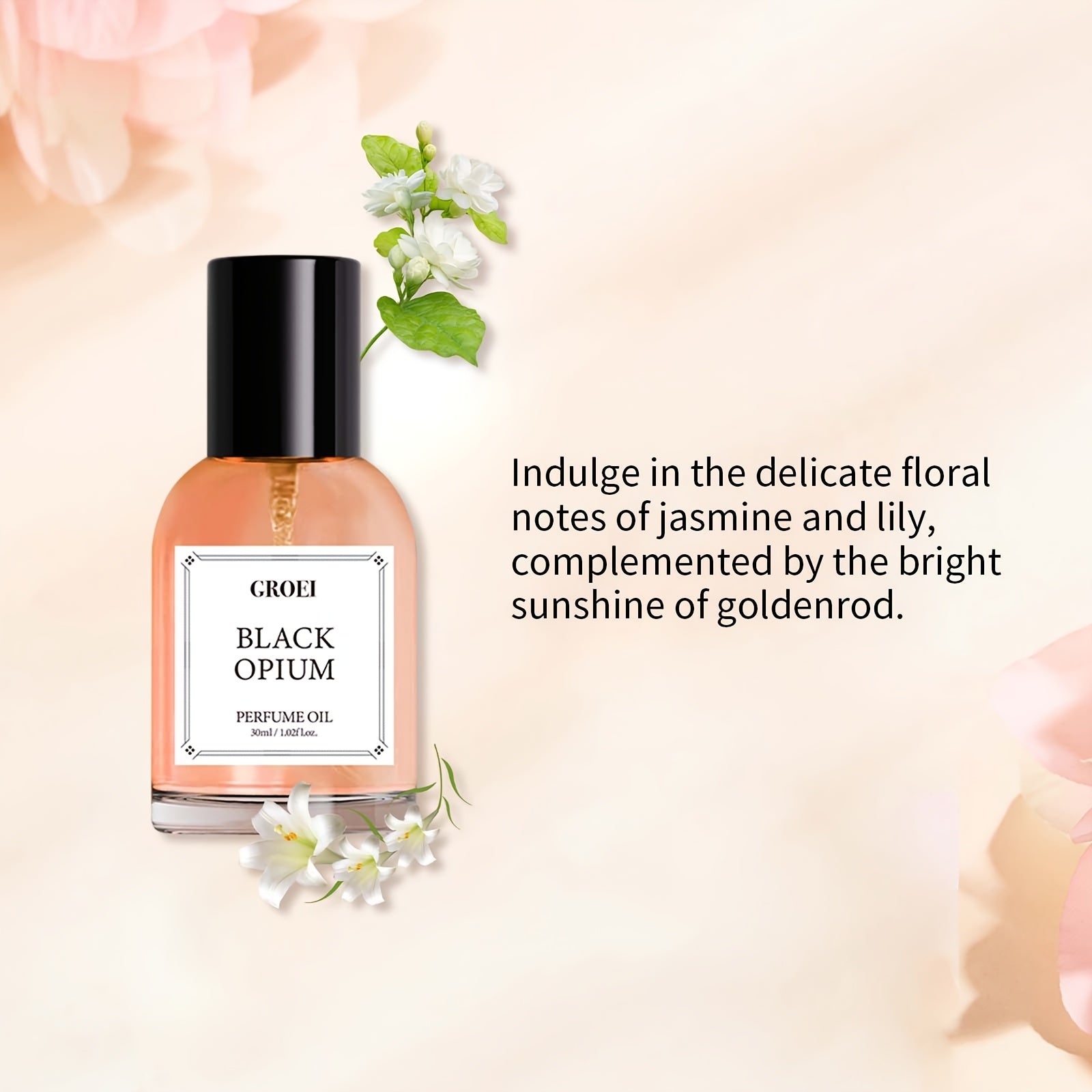 Black Opium Perfume Oil for Women in a BPA-free bottle with floral notes of jasmine and lily.