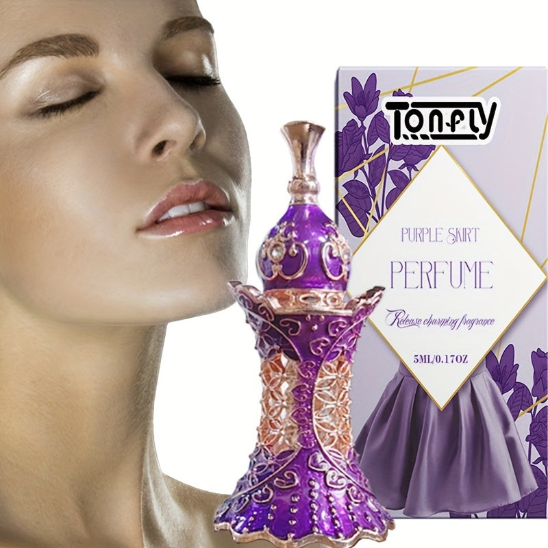 Purple Skirt Perfume Floral Fragrance bottle and model showcasing its captivating floral scent.