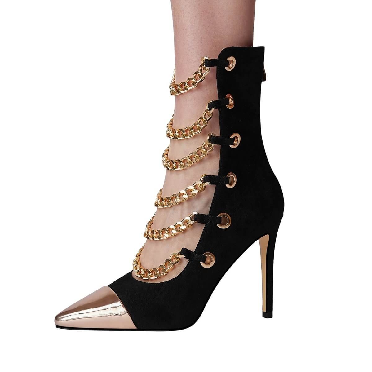Black Glam Pointed Toe Gold Chain Stiletto Heels - Modz Designs