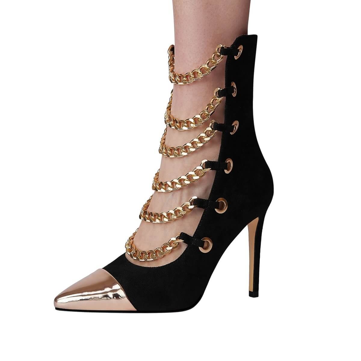 Black Glam Pointed Toe Gold Chain Stiletto Heels - Modz Designs