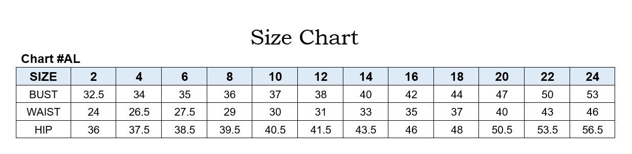 Size chart for Off The Shoulder Floral Applique Ball Gown showing bust, waist, and hip measurements.