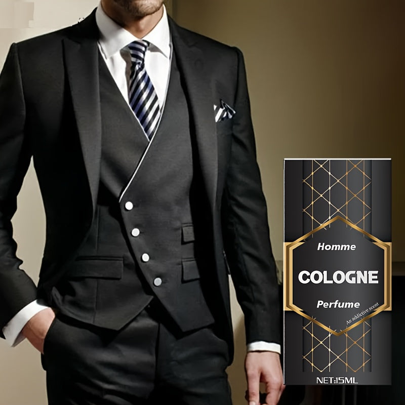NNETM Homme Cologne Fresh Aromatic Perfume Oil displayed next to a well-dressed man in a suit.