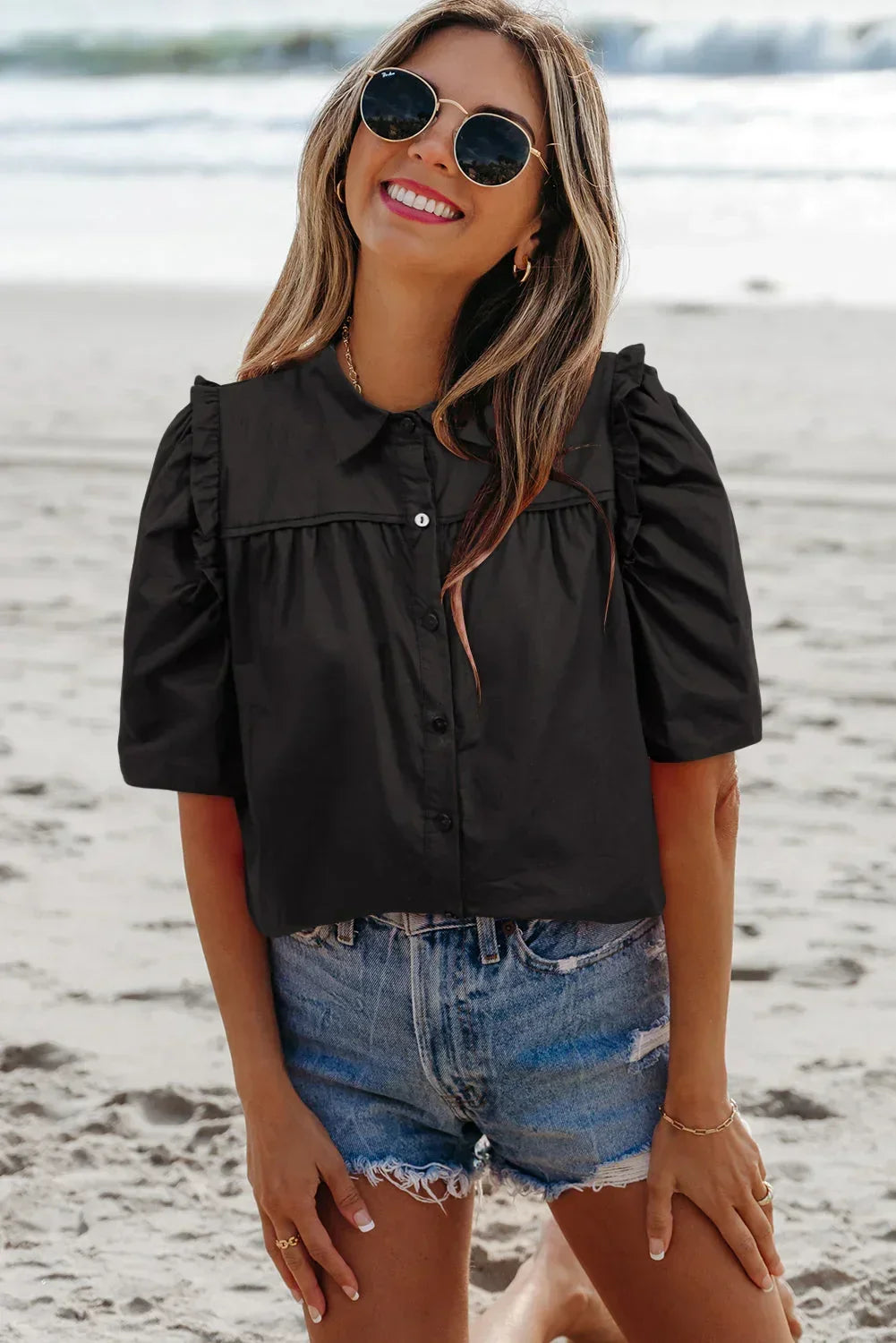 Analeia Frilly Puff Sleeve Stylish Collared Shirt - Modz Designs