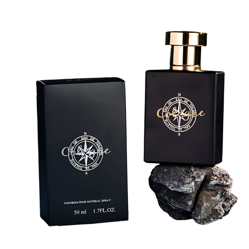 NNETM Cologne Ocean Perfume for Men & Women with black box and bottle on rock background.