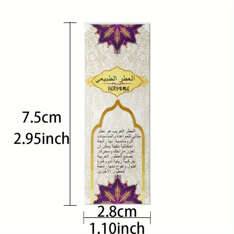 Long-Lasting Arabic Perfume for Women packaging design with floral motifs and size dimensions.