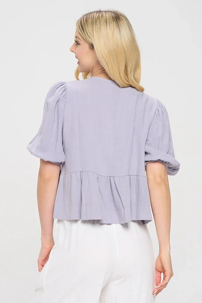 Linen Solid Puff Sleeve Top with Front Bow Detail - Modz Designs