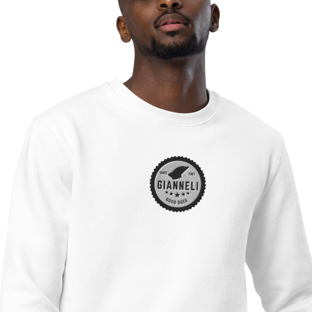 Model wearing Gianneli Unisex Fashion Sweatshirt with logo on a white background.