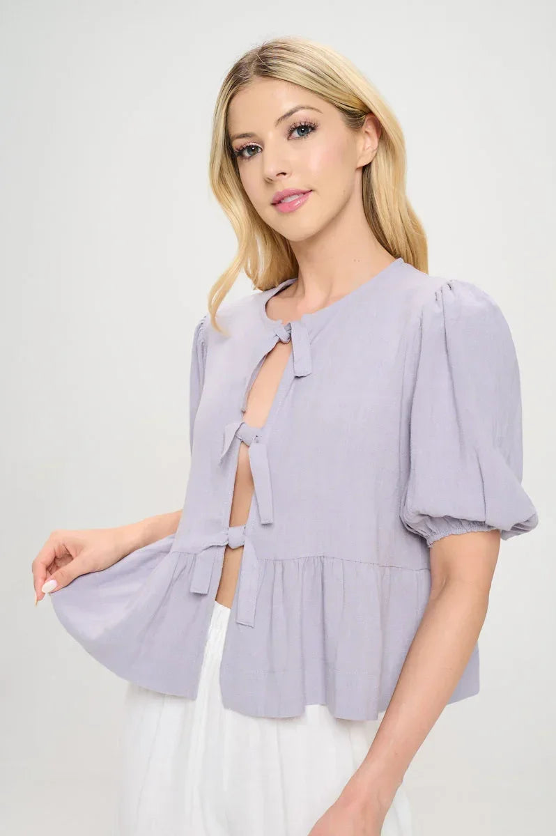 Linen Solid Puff Sleeve Top with Front Bow Detail - Modz Designs