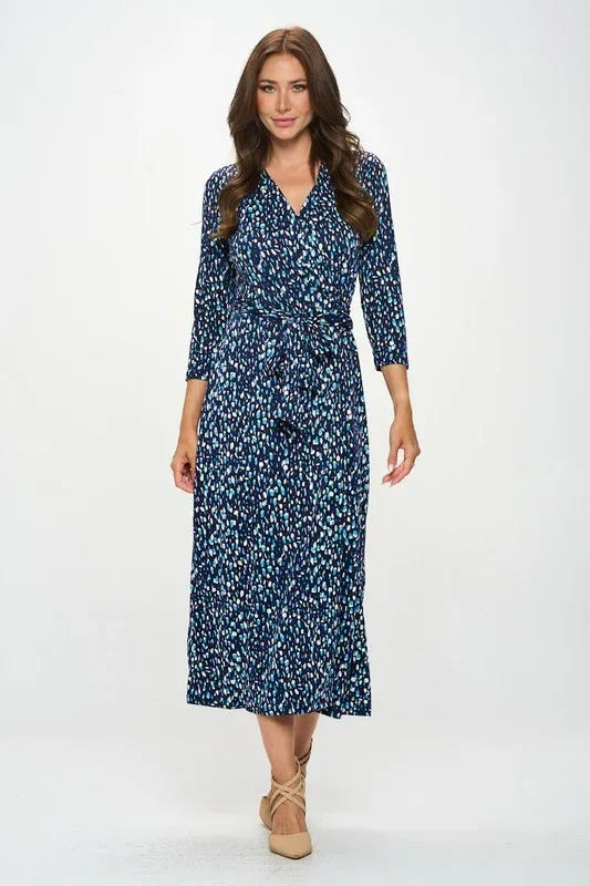 Brushed Knit Print V neck Jersey Wrap Maxi Dress with Tie - Modz Designs