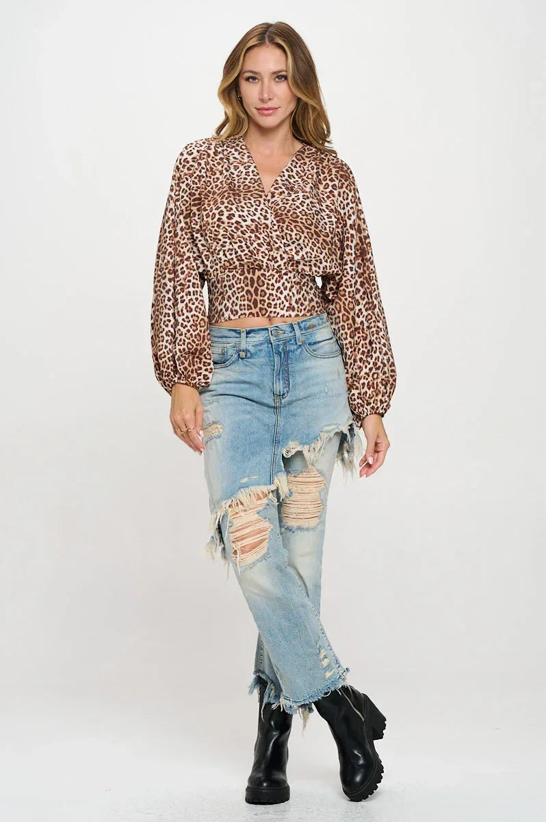 Leopard Print V neck Top with Smock Detail - Modz Designs