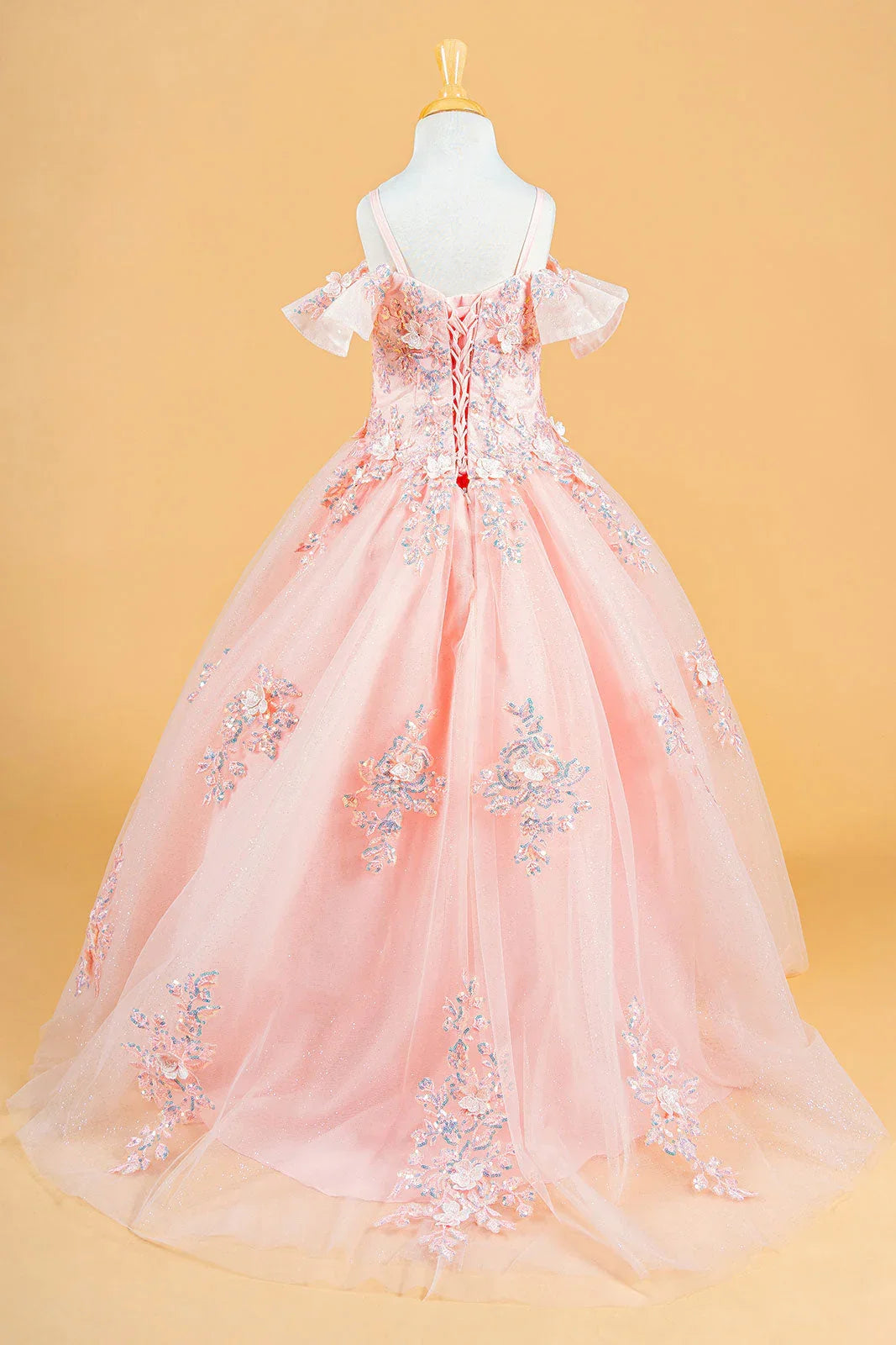 3D Flower Applique Sequins Embroidery Lace-Up Back Corset V-Neck Cold Shoulder Kids Dress in pink with floral details.