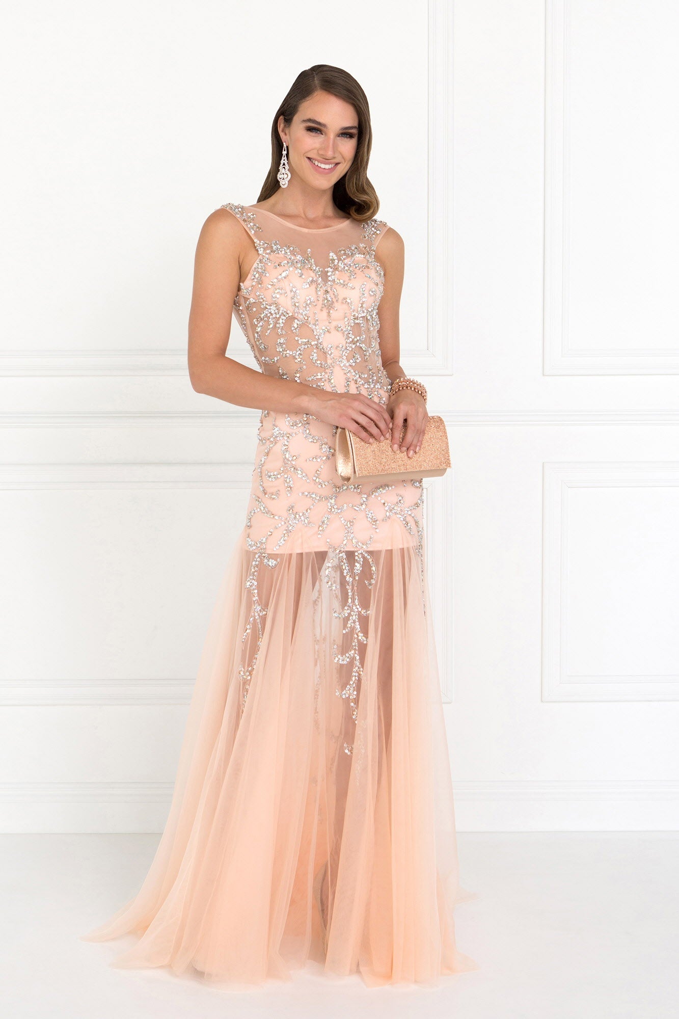Beaded Floor Length Dress with Sheer Bodice and Open Back in peach, featuring detailed beadwork and floor-length tulle.