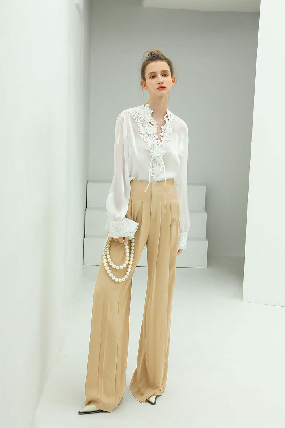 High Waist Pleated Wide Leg Beige Pants - Modz Designs