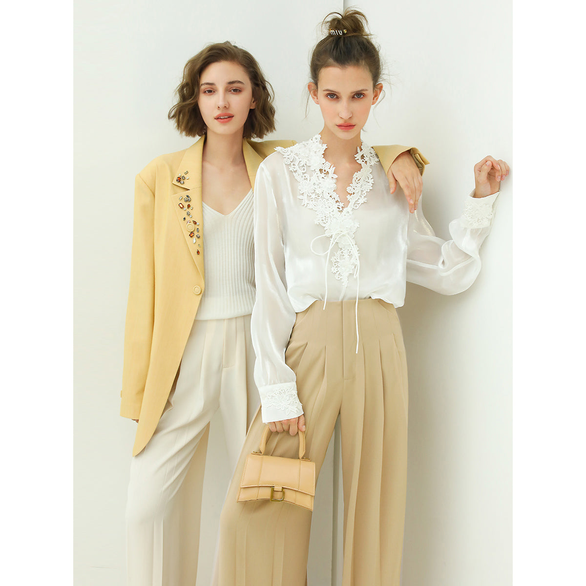 High Waist Pleated Wide Leg Beige Pants - Modz Designs