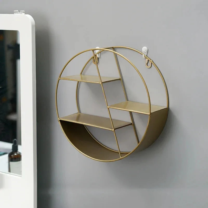 Modern wall-mounted perfume display stand showcasing a stylish circular design and multiple shelves, perfect for home decor.