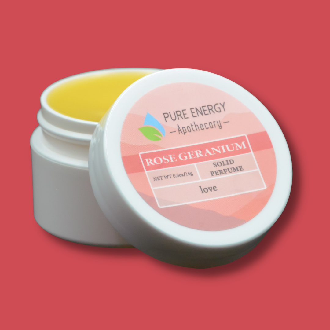Solid Perfume .50oz - Rose Geranium in a white container with essential oil bliss description.