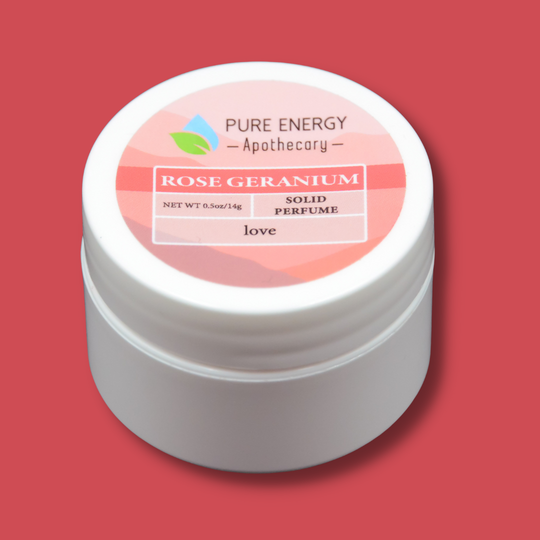 Solid Perfume .50oz - Rose Geranium in a white jar with label highlighting love.