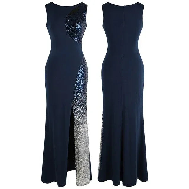 Splicing Sequin Evening Dress Slit Gradient Evening Dress Long Royal Blue - Modz Designs