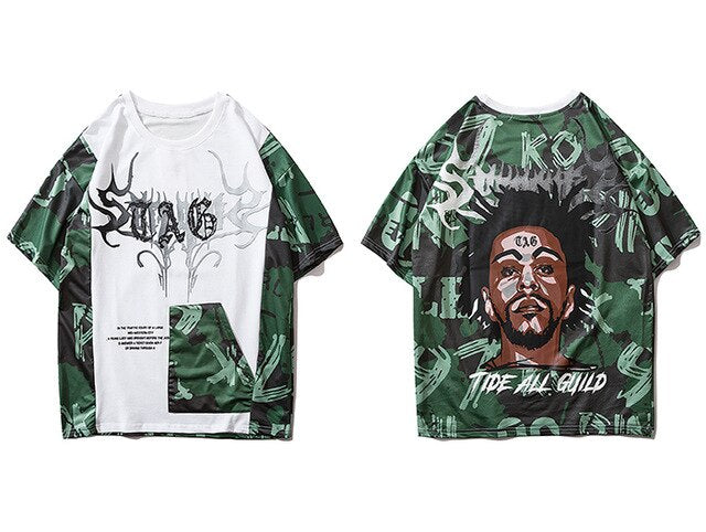 Hip Hop Color Block Character Print Mens T Shirt Harajuku Streetwear Tops Fashion Casual Cotton Short Sleeve