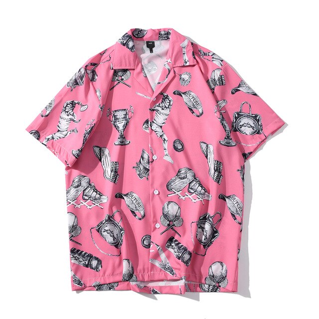 Summer Tennis Print Pink Beach Hawaiian Aloha Shirts Mens Casual Short Sleeve Shirt Male Fashion Shirts Tops